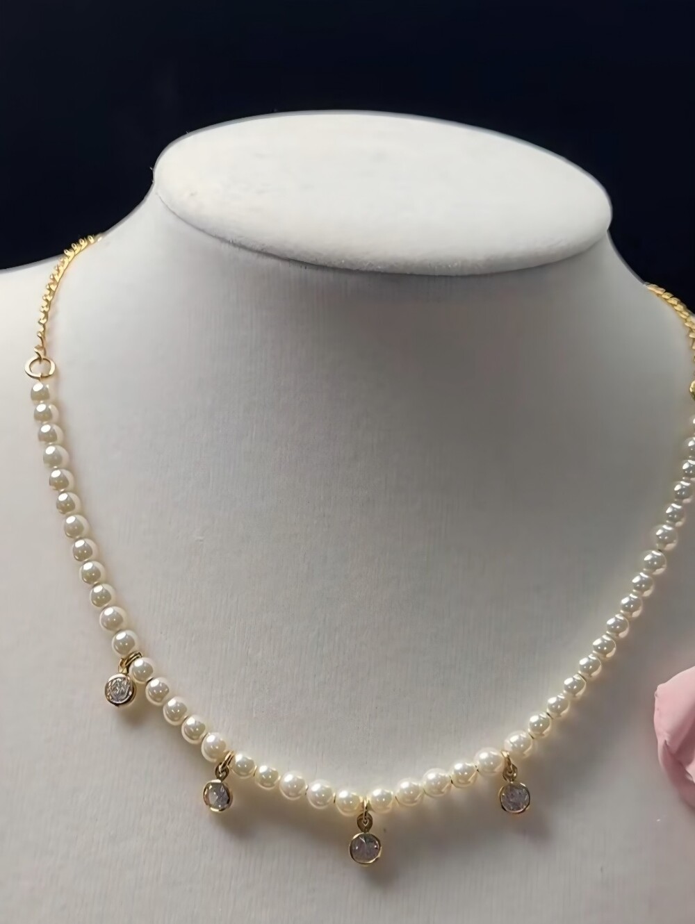Classic Pearl Necklace with Gold and Crystal Drops